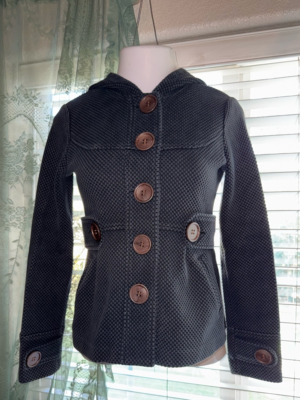 Sugarfly Women's Hooded Button-Front Pea Coat - Charcoal with Brown Buttons